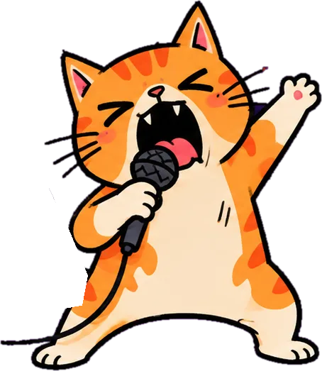 Mascote do Karaoque, um gato laranja cantando no microfone